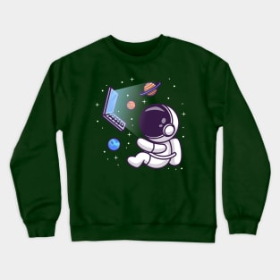 Cute Astronaut Floating With Laptop And Planet On Space Cartoon Crewneck Sweatshirt